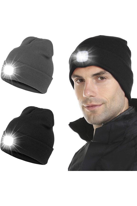 LED Beanie with Light (2 Pack), Gifts for Men Dad Husband Him Women, USB Rechargeable Lighted Cap Headlamp Hat, Unisex Warm Winter Knitted LED Hat with Flashlight