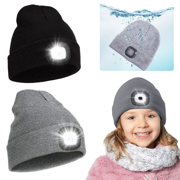 LED Beanie for Kids, USB Rechargeable Hands Free Knitted Hats Winter Warm Headlamp Hat for Boys Girls Outdoor Activities (Gray)