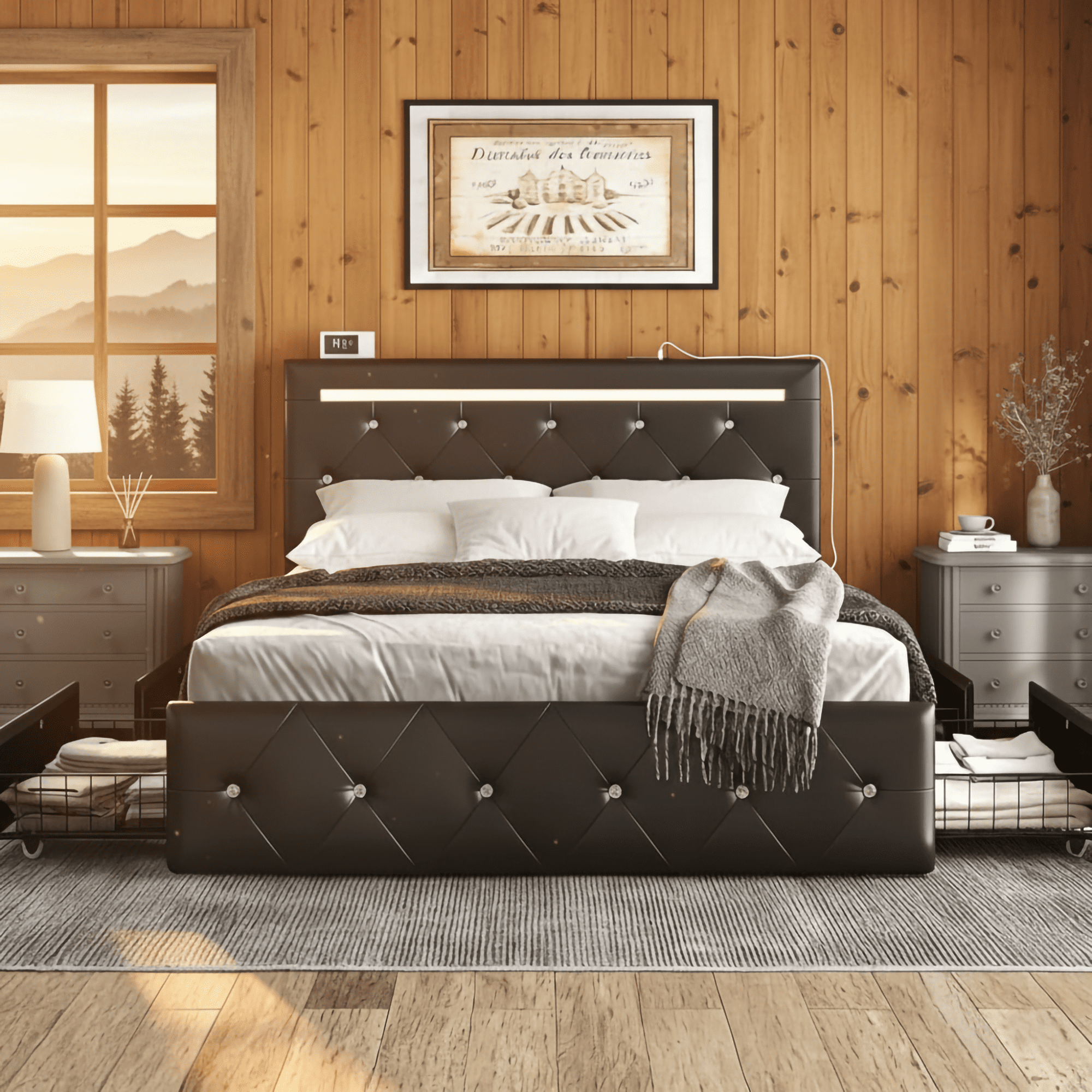 LED Bed Frame with 4 Storage Drawers, Charging Station, Upholstered Platform Bed with Adjustable Diamond Headboard, No Box Spring Needed, Noise Free, Easy Assembly, Queen