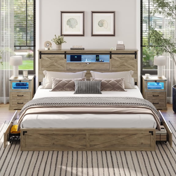 LED Bed Frame California King Size with LED Lights and Charging Station, Farmhouse California King Storage Platform Bed Frame with Headboard and Drawers, No Box Spring Needed, Gray