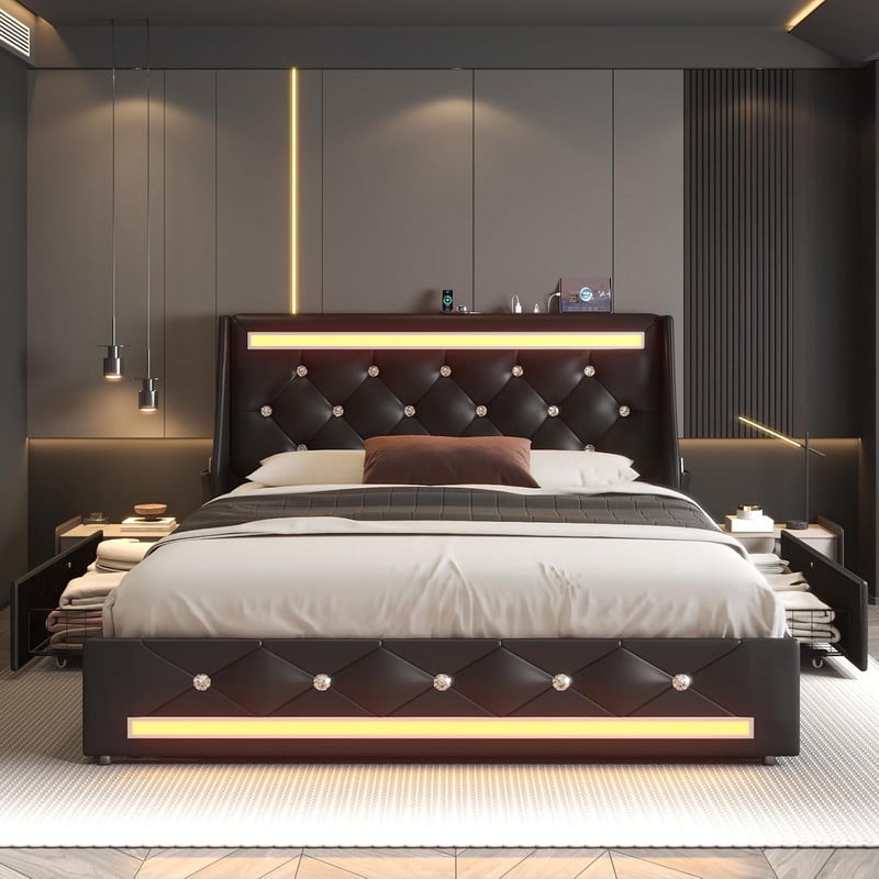 LED Bed Frame with Charging Station, 2 Storage Drawers & Side Storage, Upholstered Platform Bed with Wingback Diamond Headboard, Metal Slats Support, No Box Spring Needed, Noise Free, Queen