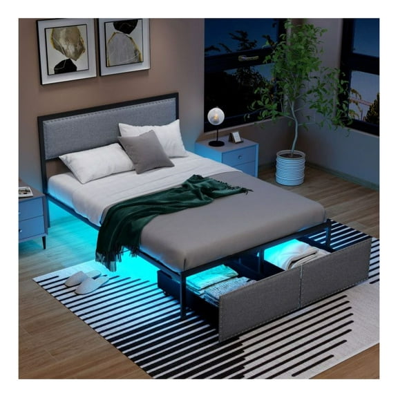 LED Bed Frame Full Queen Twin Size with Drawer & Metal Slats, Gray Linen Upholstered Platform Bed with Lights, 1000lbs Capacity, Storage, Remote & APP Control