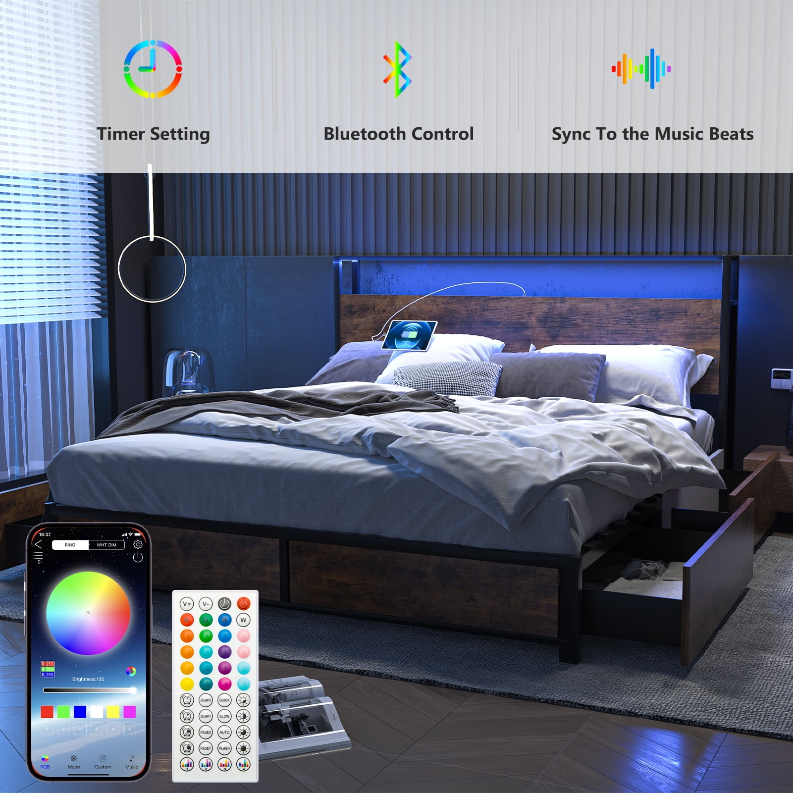LED Bed Frame Full Size with 2 USB Ports and Outlets, Platform Metal Bed Frame with 4 Storage Drawers and Headboard, No Box Spring Needed, Noise-Free(Rustic Brown-FULL)