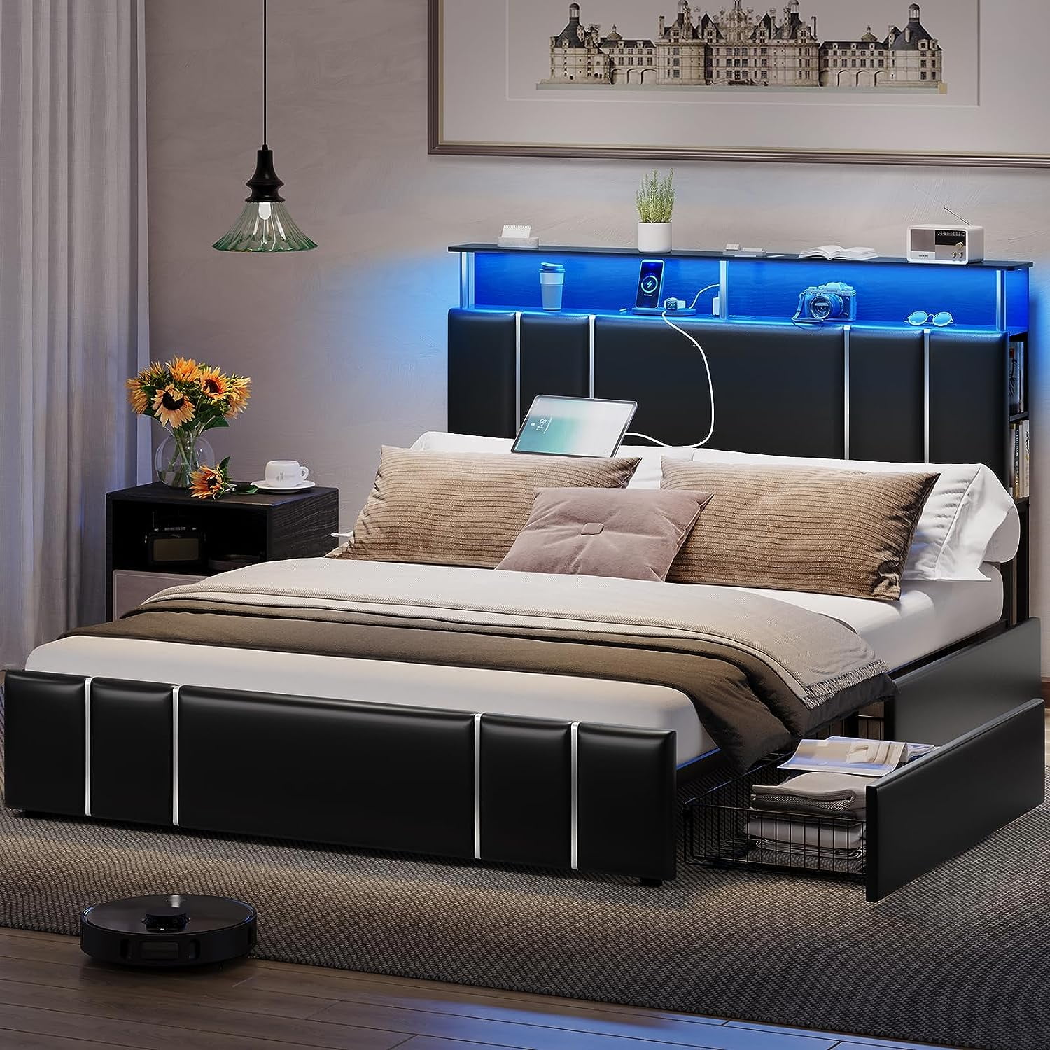 Full Size Black Leather Upholstered Bed Frame with LED Lights and Storage