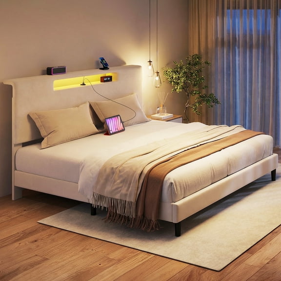 LED Bed Frame, Full Size Upholstered Bed with High Headboard Multi Mode LED Lights USB Type C Charging Port for Bedroom Easy Assembly