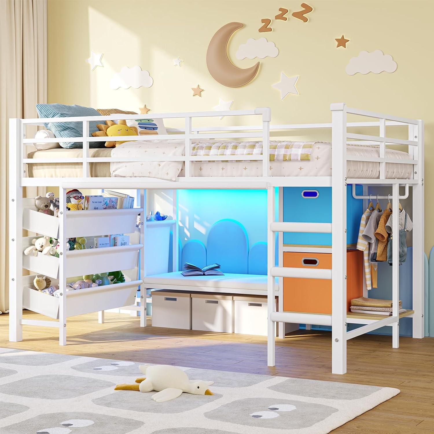 Mabor Twin Size Loft Bed with LED Lights & Reading Bench, Metal Loft Bed Frame with Bookshelf & Storage Basket & Stairs & Full-Length Guardrail for Bedroom, White