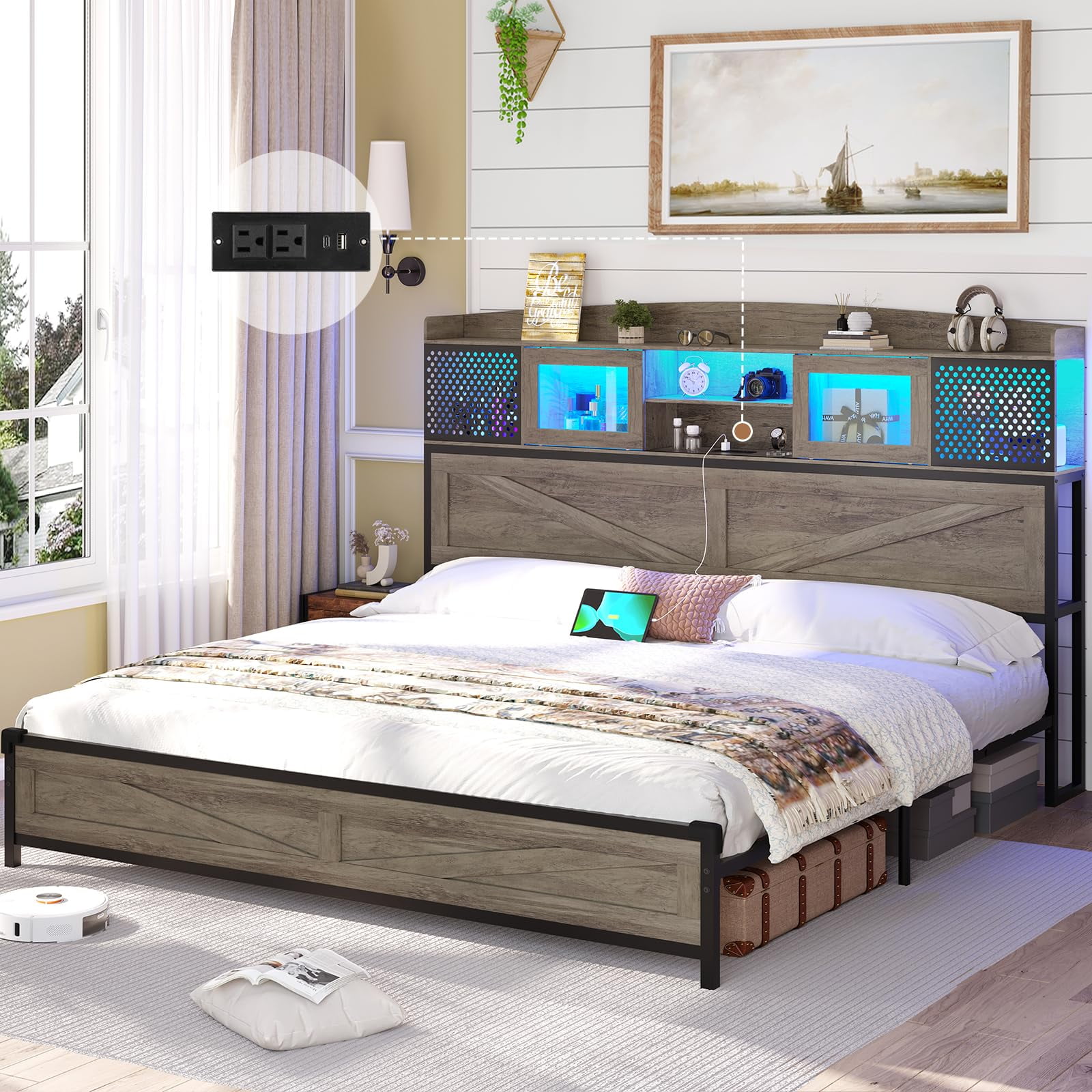 LED Bed Frame King Size Farmhouse Platform Bed Frame with Charging