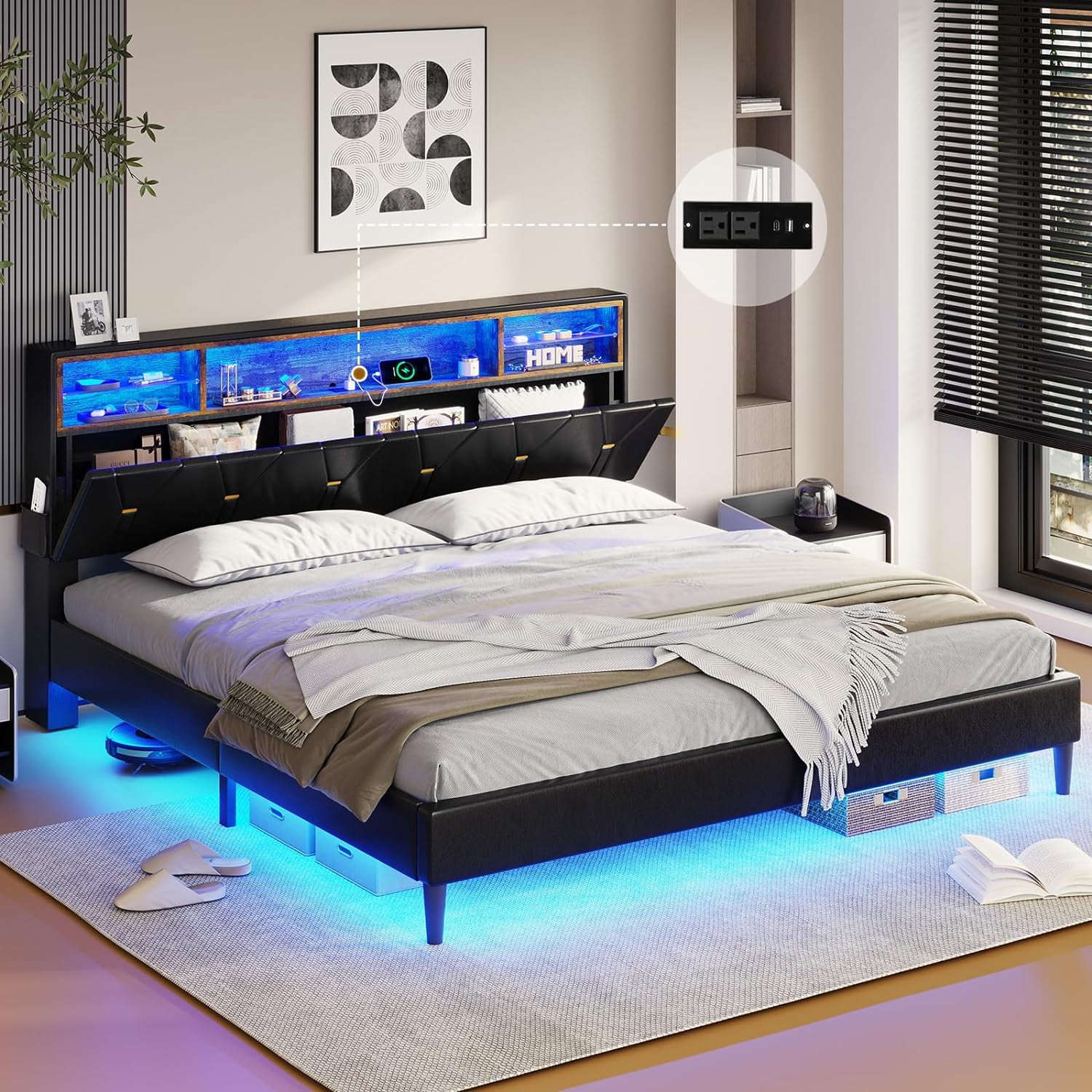 LED Bed Frame King Size with LED Lights & Bookcase Headboard,Faux