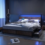 LED Bed Frame Queen Size with 2 USB Ports and Outlets, Platform Metal Bed Frame with 4 Storage Drawers and Headboard, No Box Spring Needed, Noise-Free(Rustic Br
