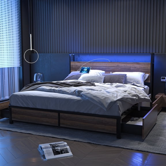 LED Bed Frame Queen Size with 2 USB Ports and Outlets, Platform Metal Bed Frame with 4 Storage Drawers and Headboard, No Box Spring Needed, Noise-Free(Vintage Brown-Queen)