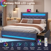 LED Bed Frame Queen Size with 4 Storage Drawers + 2 USB Ports and Outlets, Adjustable Upholstered Headboard, Solid Wooden Slat Support, No Box Spring Needed