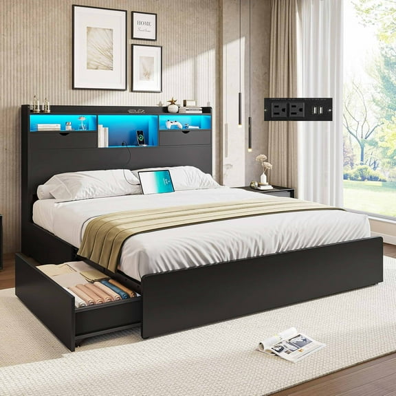 LED Bed Frame Queen Size Platform Bed Frame with 4 Drawers and Charging Station, Wooden Storage Beds with LED Lights&Bookcase Headboard, No Box Spring Required, Black