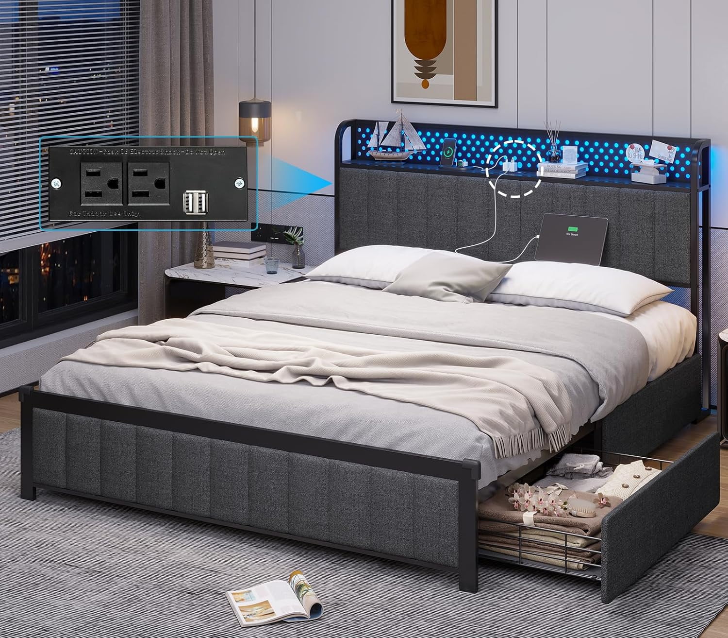 LED Bed Frame Queen Size with Storage Drawers, Upholstered Metal Platform Bed Frame with USB