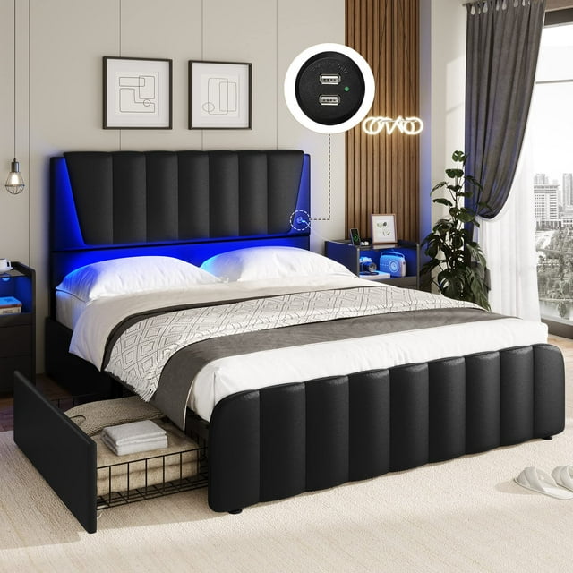 Queen Size LED Bed Frame with Upholstered Platform, Headboard, 4