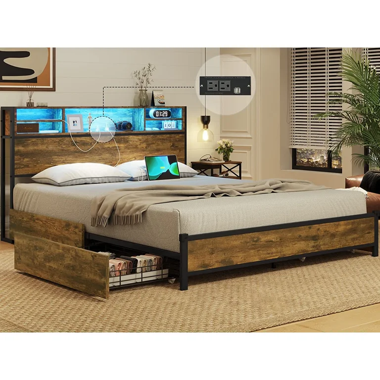 Queen bed frame with bookcase headboard online