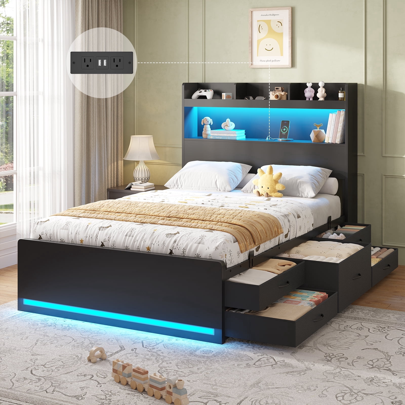 LED Bed Frame Twin Size with 5 Storage Drawers, Bookcase Headboard, 2 ...