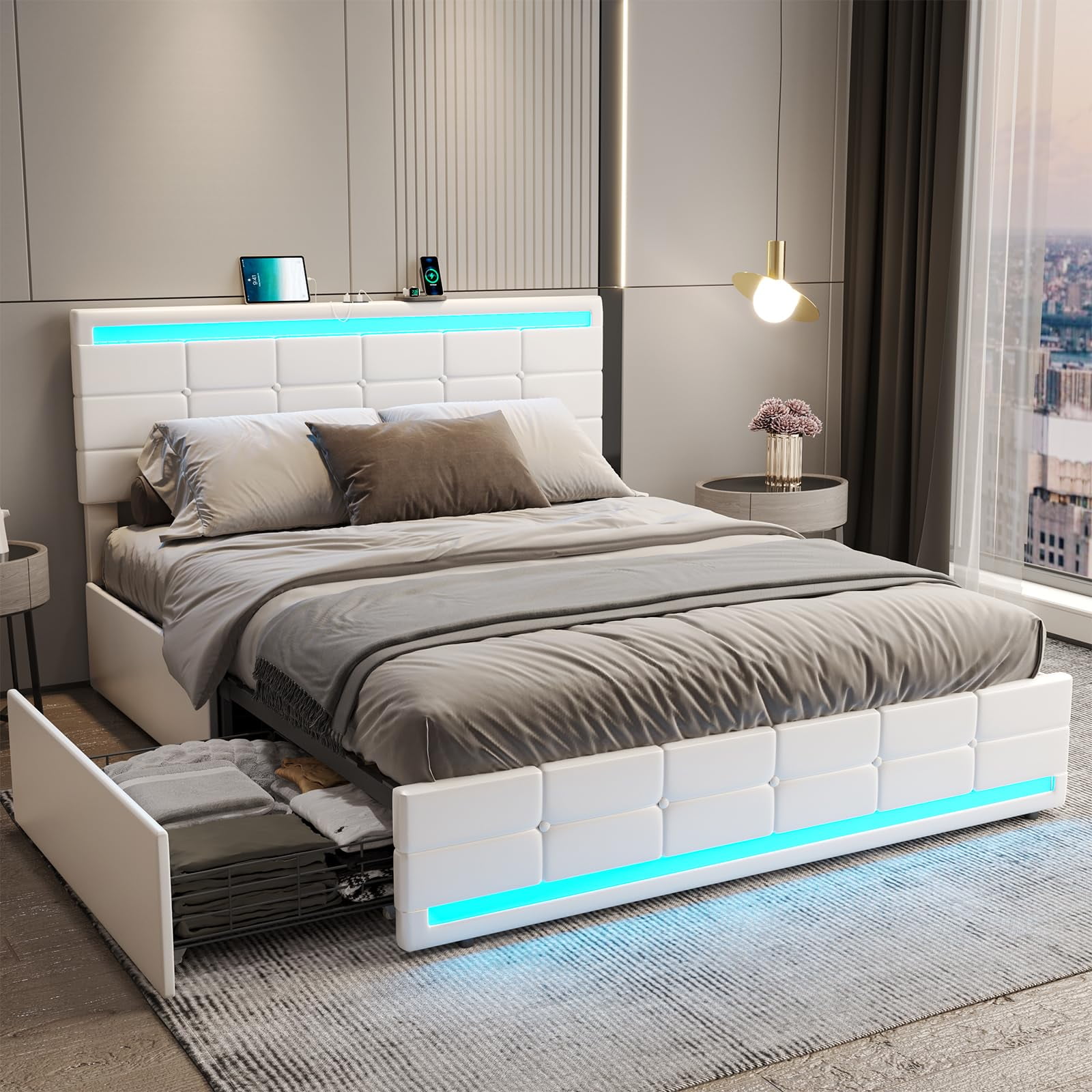 White Queen Upholstered Bed Frame with LED Lights and Storage Drawers