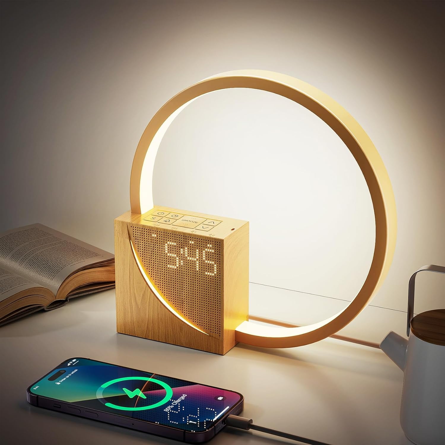LED Bedside Lamp with Alarm Clock, USB Charging Ports, Touch Dimmable, Wake Up Light with Two Alarms, 10 Natural Sounds for Adults and Children, 3 Levels Brightness for Bedroom, Living Room, Office