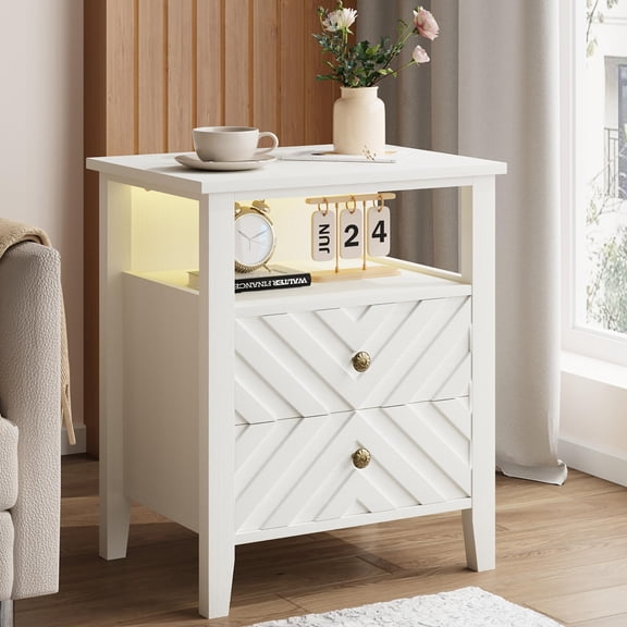 LED Bedside Table with 2 Drawers Wooden Farmhouse Side Table Mid Century Modern V-Shaped Design Open Storage Shelf and Sturdy Legs for Bedroom, Living Room, Home Office