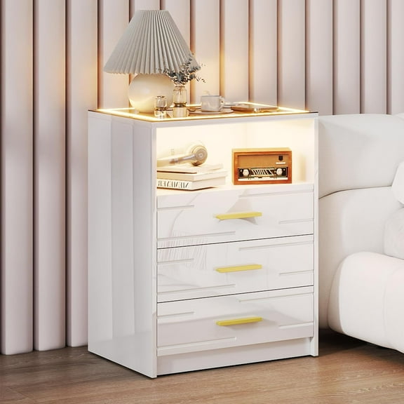 LED Bedside Table with Charging Station, High Gloss Nightstand with 3 Drawers, 3 Color Dimmable Light Modern Smart Night Stand with USB Type-C Port Bedroom White