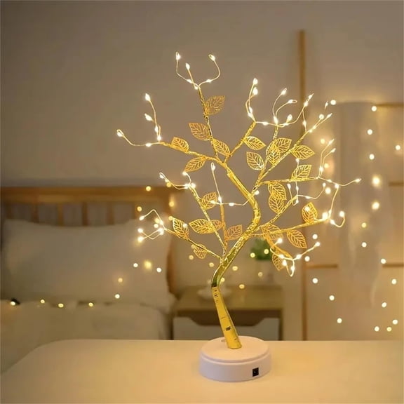 LED Bedside Table Lamp, Gold Leaf Tree Lamp Table Decor USB Operated Lighted Nightstand Lamp for Living Room, Bedroom, Home, Office