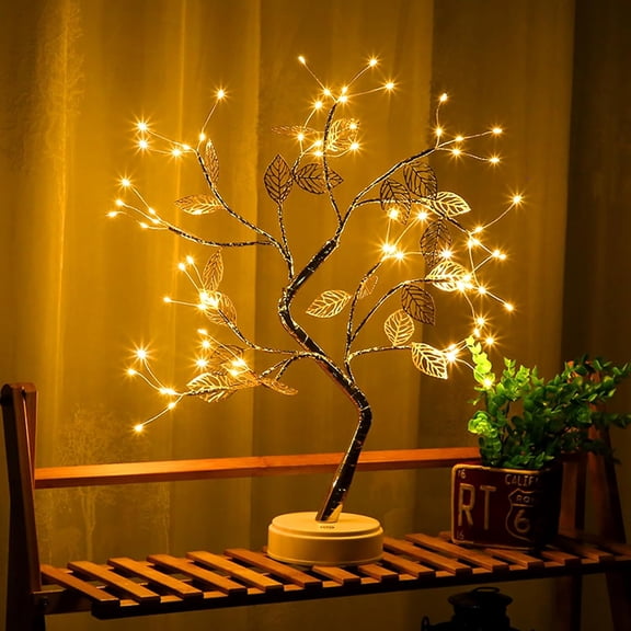 LED Bedside Table Lamp, Gold Leaf Tree Lamp Table Decor USB Operated Lighted Nightstand Lamp for Living Room, Bedroom, Home, Office