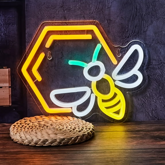 [LED Bee Neon Sign] Modern Bee & Beehive LED Neon Sign - USB Powered, Warm Yellow Glow Wall Art with Hexagonal Frame & Colorful Stripes, Indoor/Outdoor Home Decor, Gift Idea, Bee Decor