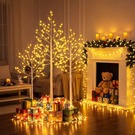 DR.Planzen LED Birch Tree Light Set - 4ft, 5ft, 6ft Artificial Pre-lit Trees - with Plug-in Warm Lights - Indoor Outdoor Christmas Holiday Wedding Decor for Home Party (3-Pack)
