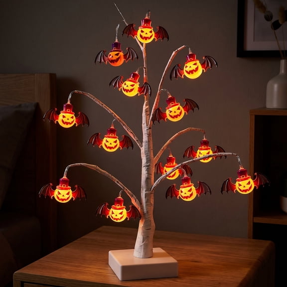 LED Birch Tree Light, Warm White Night Light with Mini Pumpkin Ornaments, Adjustable Artificial Tree Lamp Battery & USB Operated, Ambient Table Lamp for Indoor Outdoor Bedroom Halloween Decorations