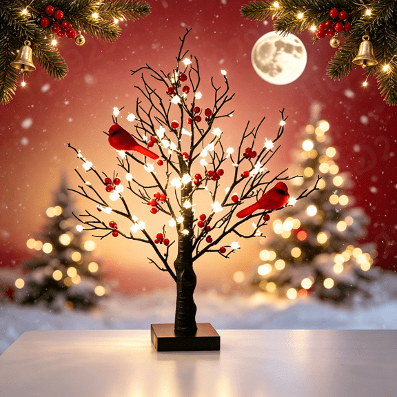 LED Birch Tree Tabletop Decoration 21 Inch Artificial Twig Tree with Red Bird Accents and Warm LED Lights for Indoor Home and Office Display