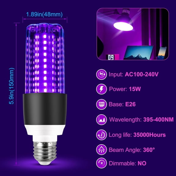 LED Black Light Bulb 15W UV Blacklight 100W Replacement 120V E26 Base, UVA Level 395-400nm Glow in The Dark for Body Pain, Blacklights Party, Halloween Decoration2 Pack