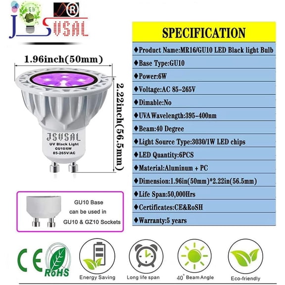 LED Black Light Bulbs,MR16 GU10 Base,AC 85-265V 6W,UVA Level 395-400nm, Glow in The Dark for Blacklight Party,Stage Lighting,DJ Dance Party,Holiday Decorations,2 Pack