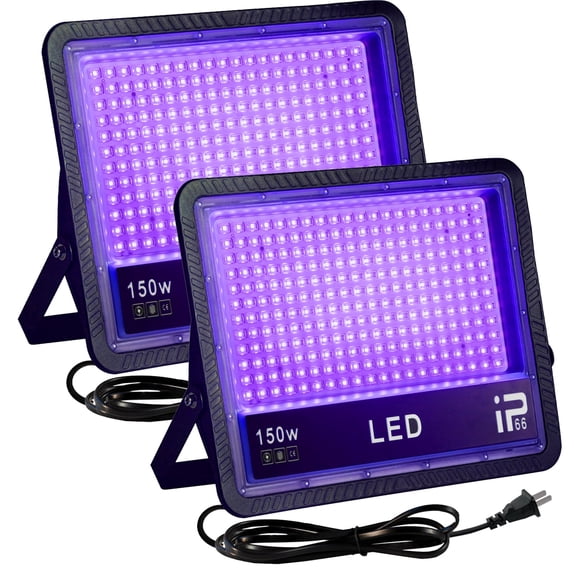 LED Blacklight Floodlight 150W, 2-Pack UV Floodlights, IP66 Waterproof Outdoor Lights with Plug, 385-400NM Floodlights for Blacklight Parties, Glow Parties, Halloween, Graffiti, Disco