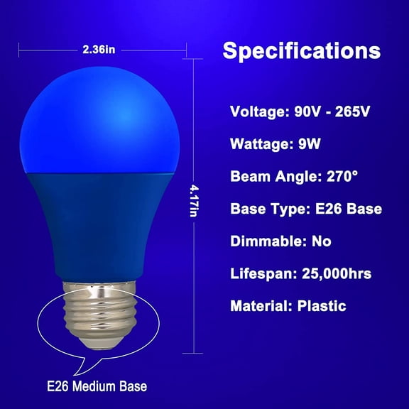 LED Blue Color Light Bulb - A19 E26 Base Blue Bulbs 9W (60W Equivalent), LED Lightbulbs Perfect For Outdoor Porch, Christmas Decoration, Party Decoration, Holiday Lighting, Halloween Decor, 4 Pack