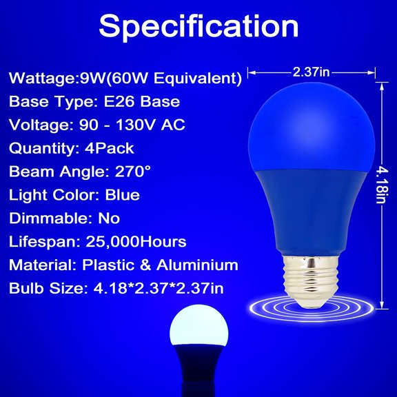 LED Blue Light Bulbs 4 Pack - A19 E26 Base, 9W (60W Equivalent), Blue for Indoor & Outdoor use, Christmas Decor