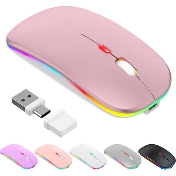 LED Bluetooth Wireless Mouse for MacBook Air Mac Pro Laptop iPad Rechargeable Silent Light-Up Optical with Jiggler Dual Mode BT5.2 & USB-A/USB-C Students, Kids, Girls, Boys Rose Gold