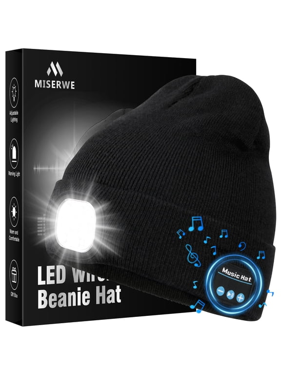 LED Bluetooth brim cap with light, music knitted cap, headphones and built-in speaker microphone, Christmas and birthday gift for both men and women (black)