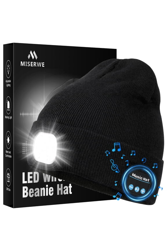 LED Bluetooth brim cap with light, music knitted cap, headphones and built-in speaker microphone, Christmas and birthday gift for both men and women (black)