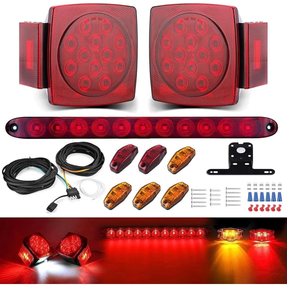 LED Boat Trailer Lights Kit, Submersible Stop Turn Tail Lights, 6 Marker Lights, 15" 11-LED Brake Light Bar, Wire Loom 25FT Wiring Harness, Utility RV Camper Snowmobile Trailer Under 80"