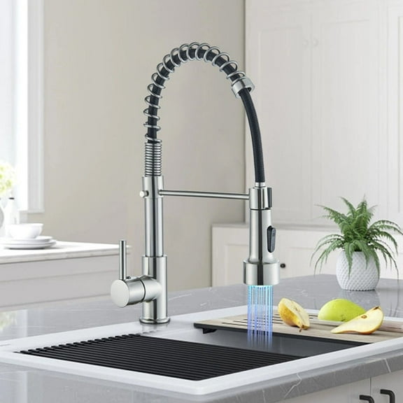 LED Brushed Nickel Kitchen Sink Faucet Swivel Single Handle Pull Down Sprayer Mixer Tap