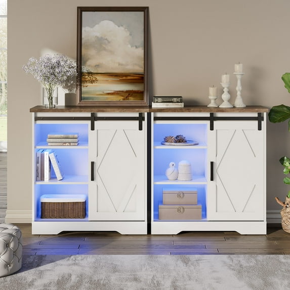 LED Buffets & Sideboards Buffet Table 2 in 1 Bar Cabinet with 2 Doors for Dining Room,Blue Light,White