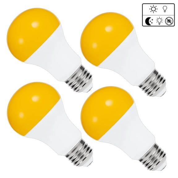 LED Bug Light Bulb Yellow Color Bulb, 6 Watt (60W Equivalent) E26 A19 Amber Bedroom Night Light Bulb Bugs Free Bulbs, 4 Pack