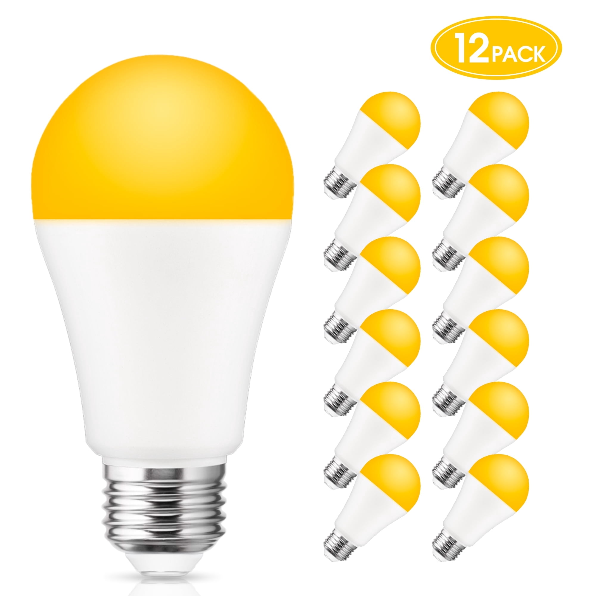 LED Outdoor Bug Light Bulbs Dusk to Dawn Yellow Bulb A19 12 Watts Automatic Sensor 2000K Amber Light E26 1000LM 100W Equivalent, 12 Pack