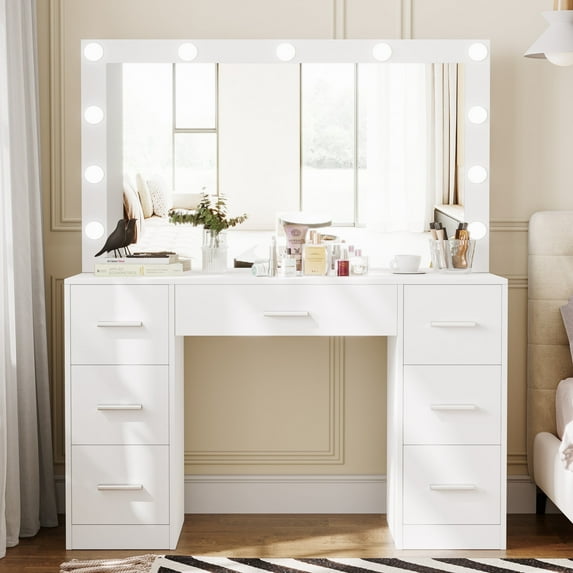 LED Bulbs Mirror Drawers Dressing Table Set White