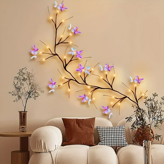 LED Butterflies Branch Lamp | Artificial Plant Vines Rattan Wall Decoration | Multicolor Plastic | Room Fireplace Mantel Indoor Outdoor Decor | 59in Flexible Olive Leaves | 1 Pack