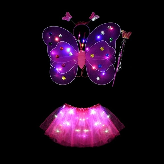 LED Children Costume Props Halloween Christmas gifts Fairy Princess Kids Costume Sets Butterfly Wings Wand Headband Tutu Skirt New Year Gifts,Rose Red with Light