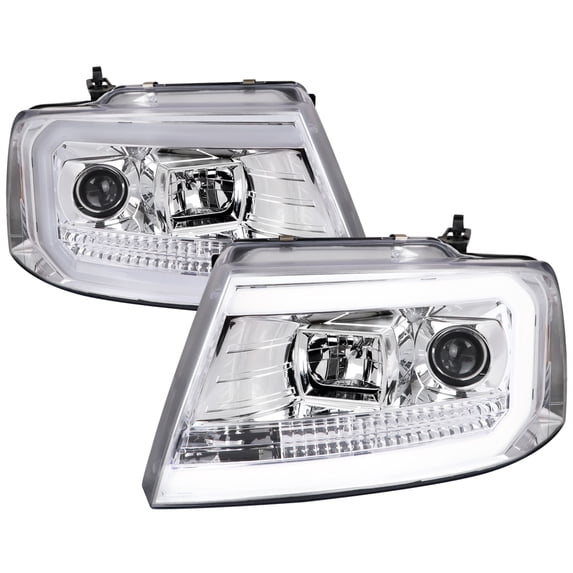 LED C-Bar Projector Headlights (Chrome Housing/Clear Lens) Made for and Compatible with 2004-2008 Ford F-150/ 2006-2008 Lincoln Mark LT
