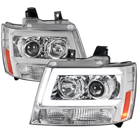 LED C-Bar Projector Headlights -RS (Chrome Housing/Clear Lens) Made for and Compatible with 2007-2013 Chevrolet Avalanche/ 2007-2014 Tahoe Suburban