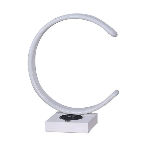 LED C Shape Table Lamp with USB Charger - 13.5 Inch Modern Desk Lamp, Wireless Charging Port, Dimmable Touch Control, White Metal Finish, 12W Integrated Bulb