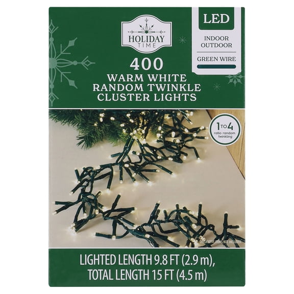 Indoor/Outdoor 400-Count LED Random Twinkle Cluster Christmas Garland Lights, Warm White, Green Wire, 9.8', by Holiday Time